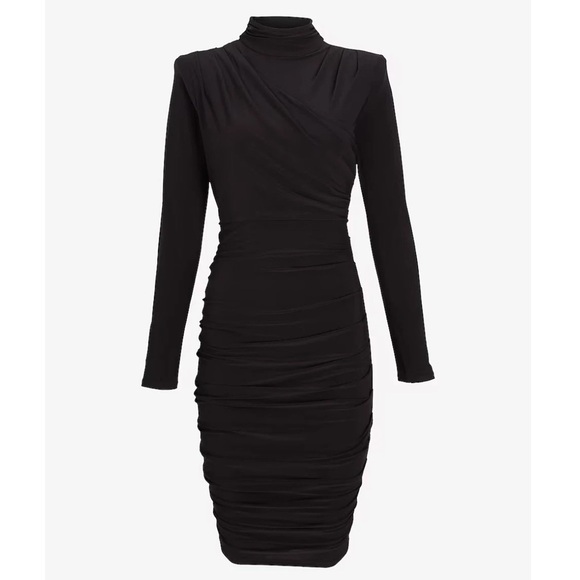 NWT Express Ruched Mock Neck Strong Shoulder Back Cutout Mini Dress Black Sz XL - Picture 6 of 13